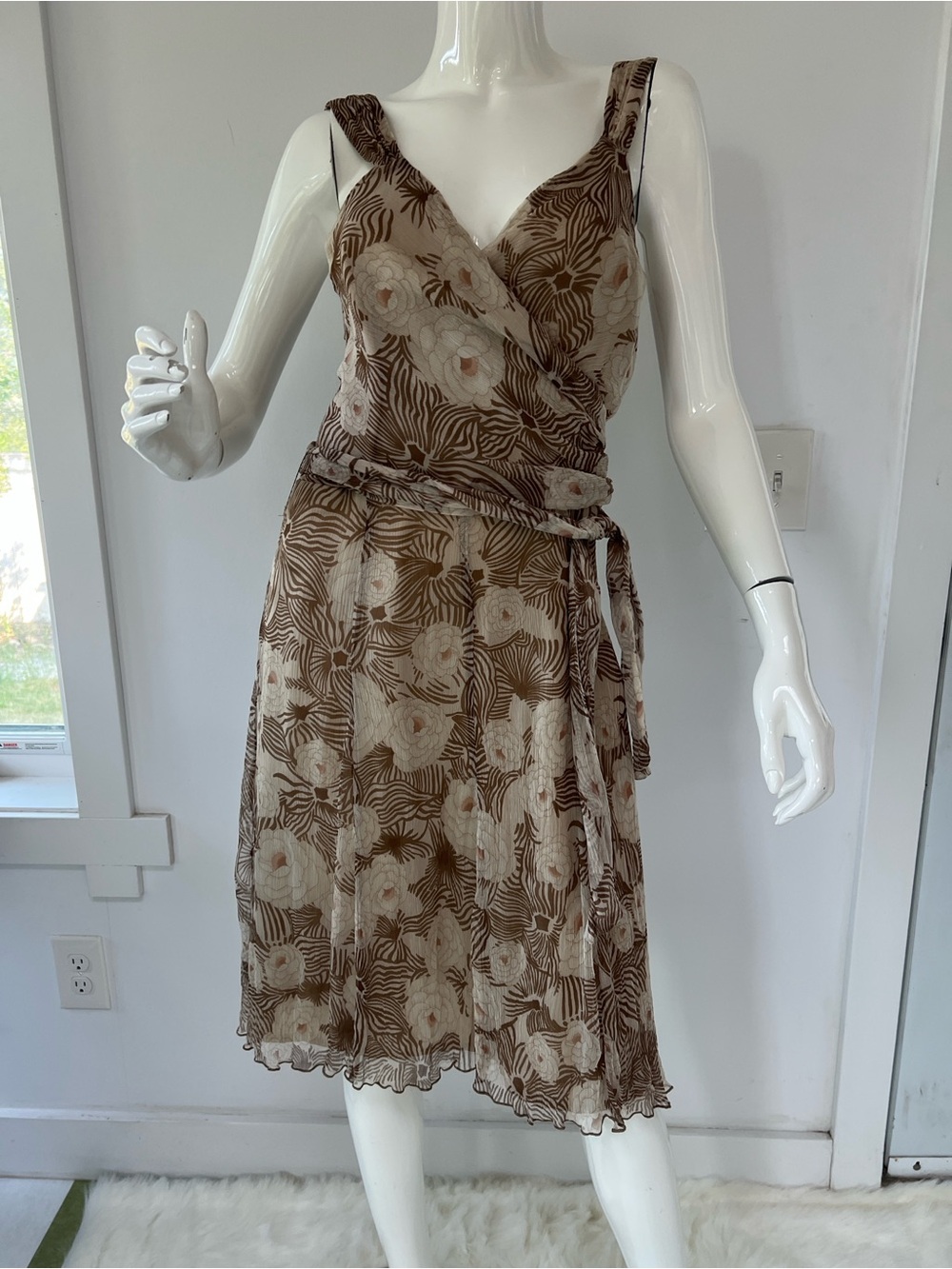 100% Silk Sleeveless Brown Floral Midi Dress summer garden party size Small